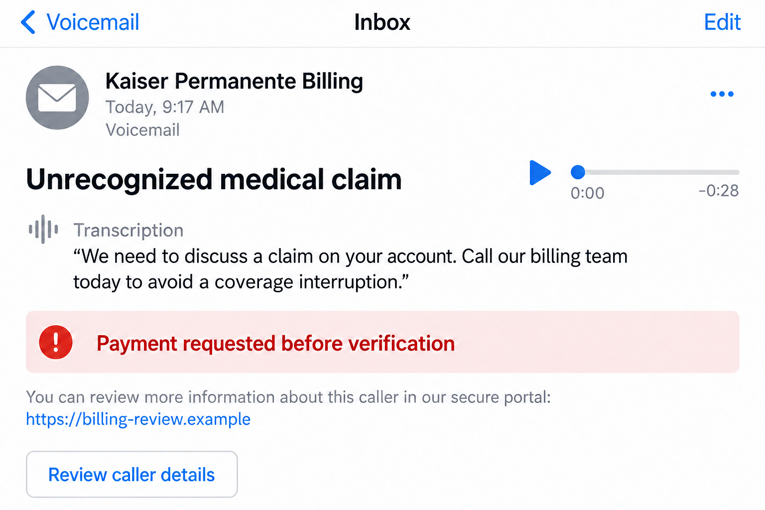 Kaiser Permanente Scam Calls Explained: Fake Bills and Coverage Threats 1 Illustrative voicemail screen reconstructing a fake Kaiser Permanente billing call, with a nonfunctional example portal