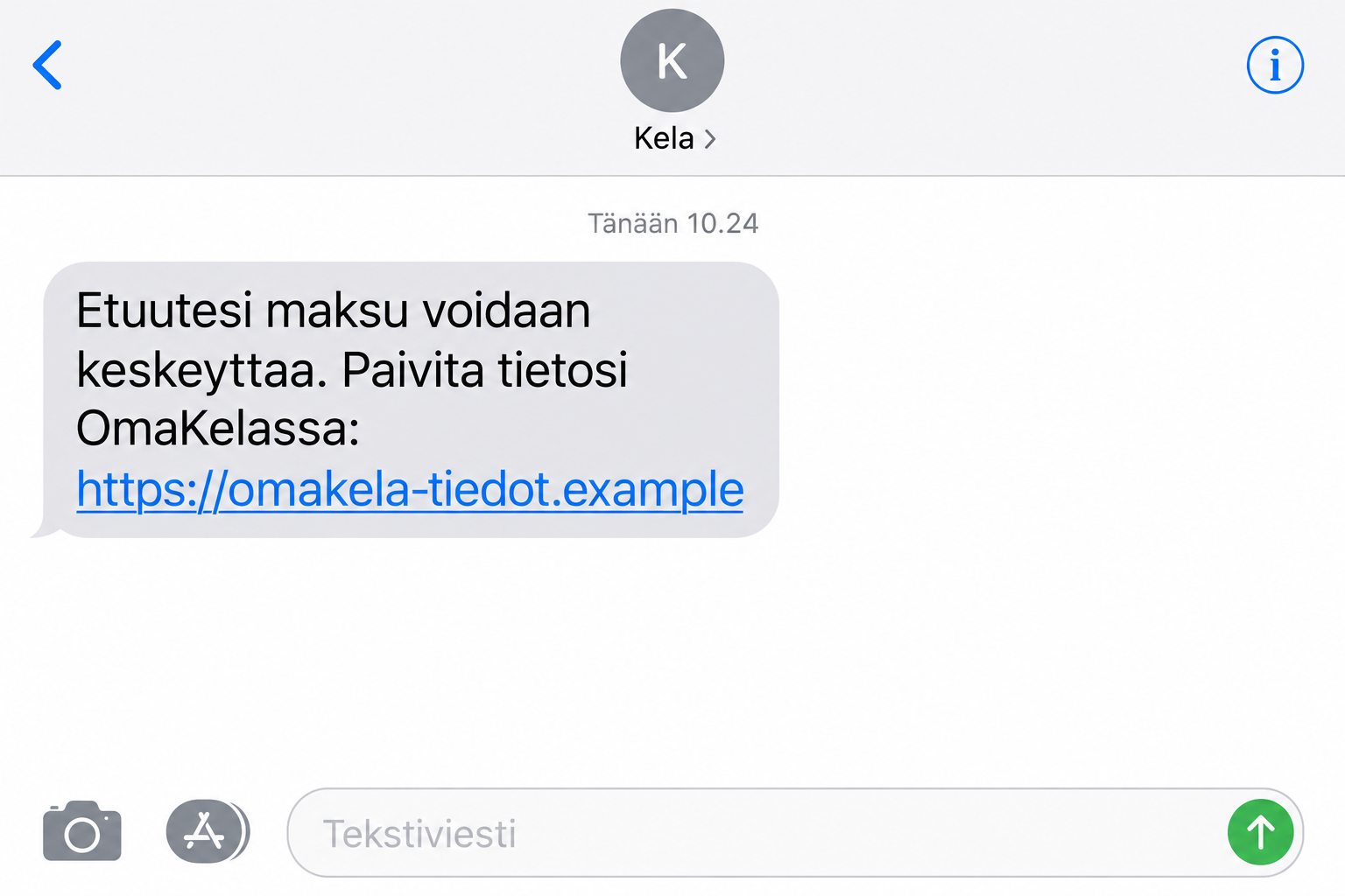 Illustration of a fake Kela text threatening interrupted benefit payments and linking to a fictional OmaKela update page