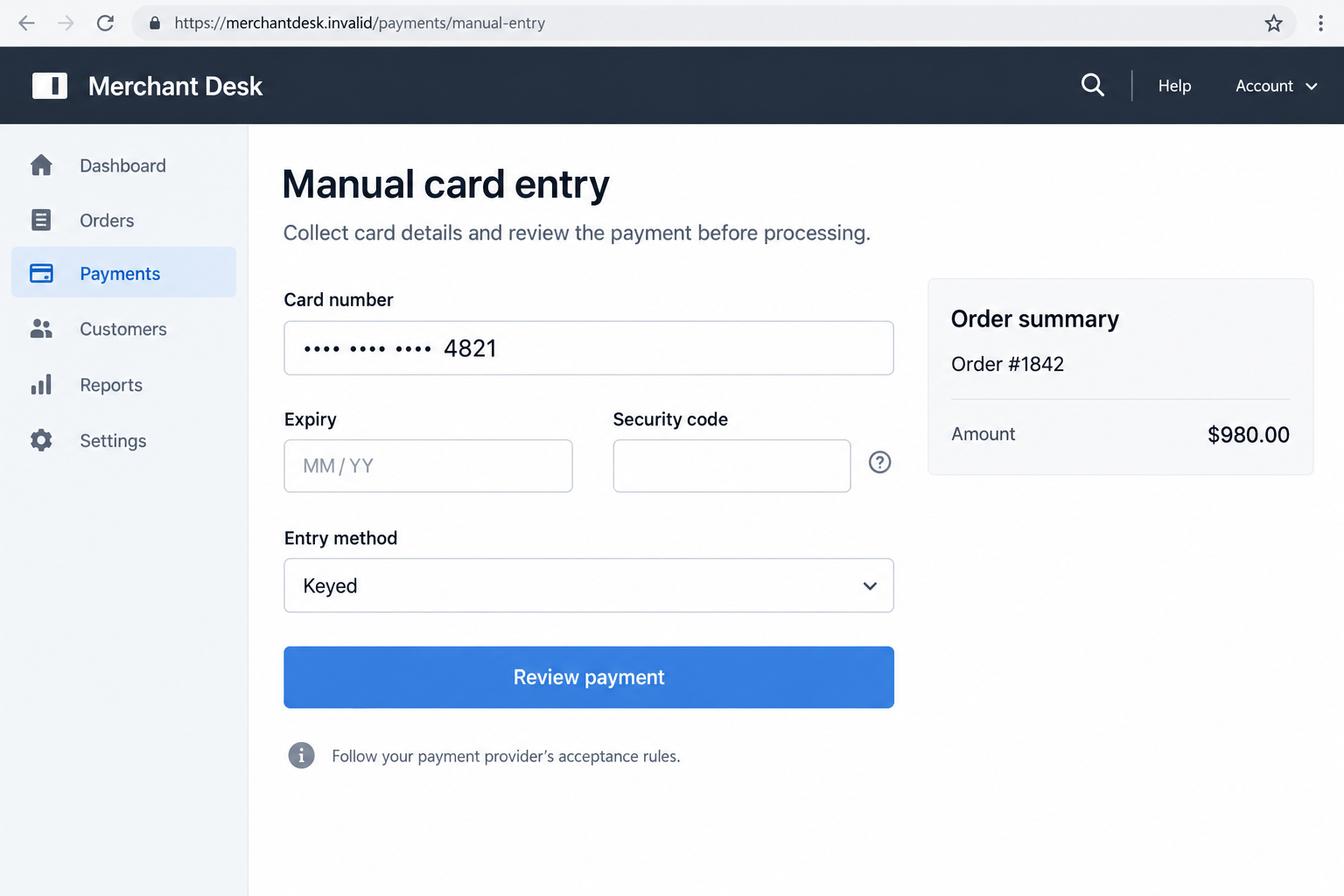 Keyed-In Credit Card Scam: How Stolen Numbers Can Leave Merchants Paying 1 Illustrative merchant manual-entry screen with masked card details showing the payment stage targeted by keyed-in card fraud