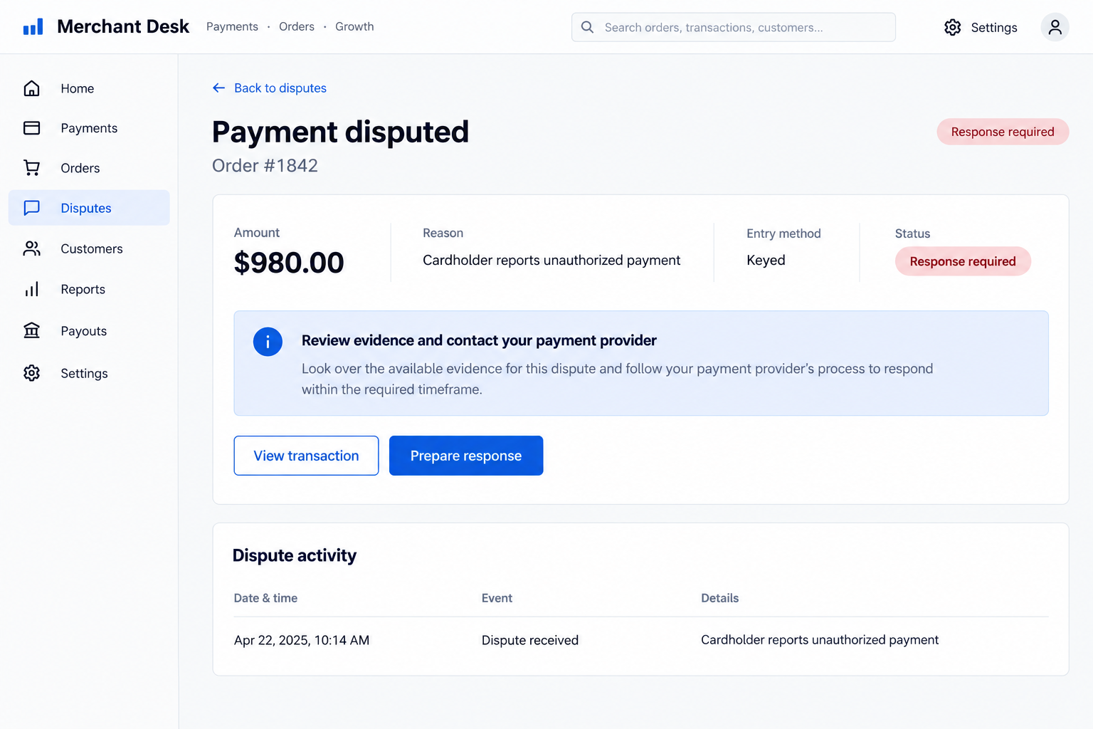 Keyed-In Credit Card Scam: How Stolen Numbers Can Leave Merchants Paying 2 Illustrative merchant dispute dashboard for a hypothetical keyed payment reported unauthorized by the cardholder