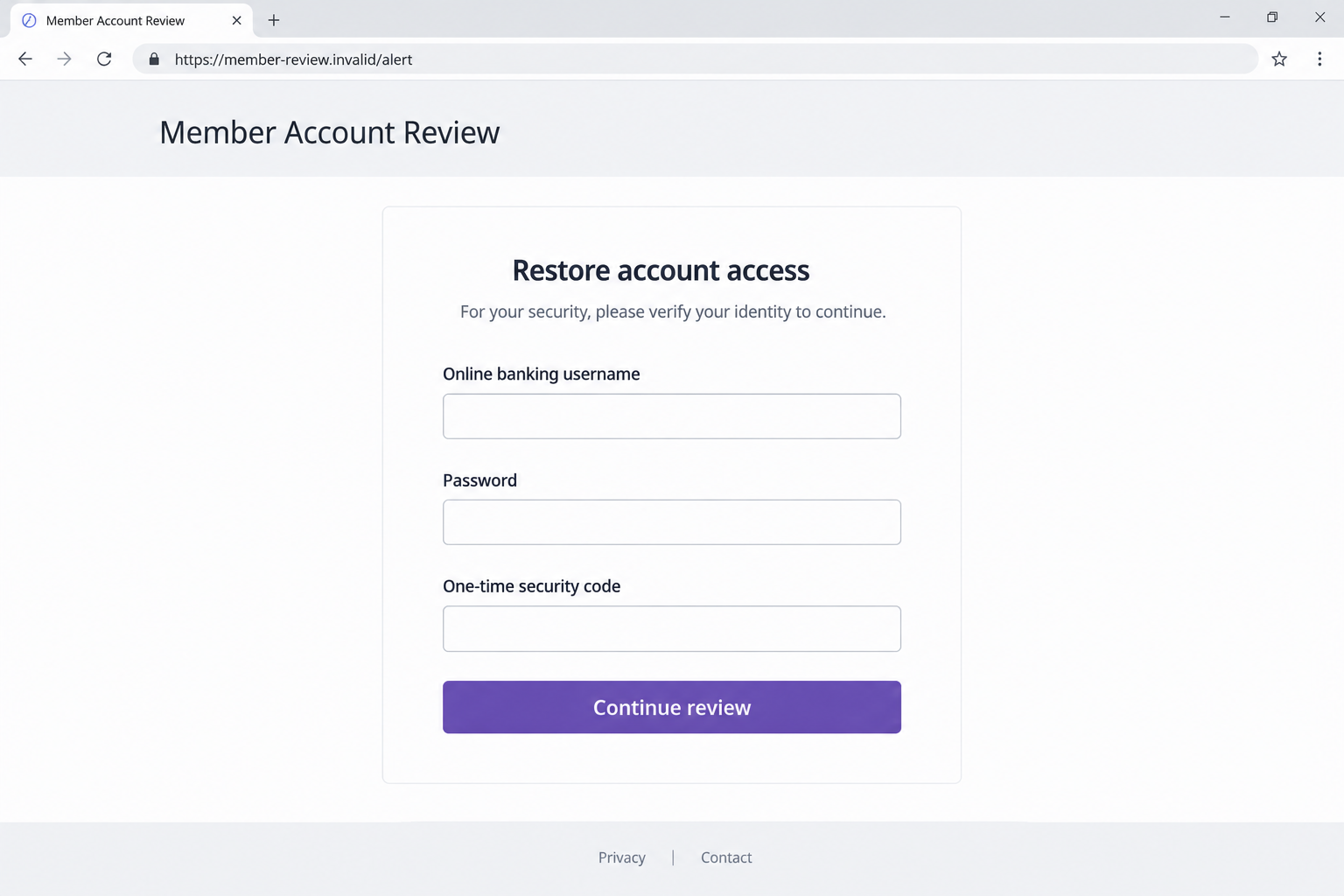 Kinecta Scam Texts: Fake Account Alerts That Target Your Login and Codes 2 Illustrative fictional account-review page requesting a banking username, password, and one-time security code