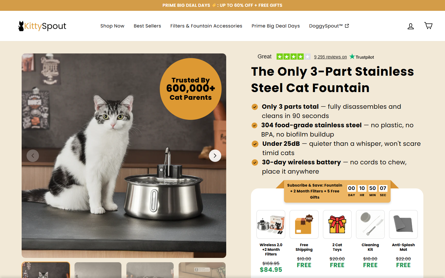 KittySpout Review: Filter Subscription and 365-Day Refund Limits Explained 1 KittySpout Wireless Fountain 2.0 product page showing the fountain and promotional bundle