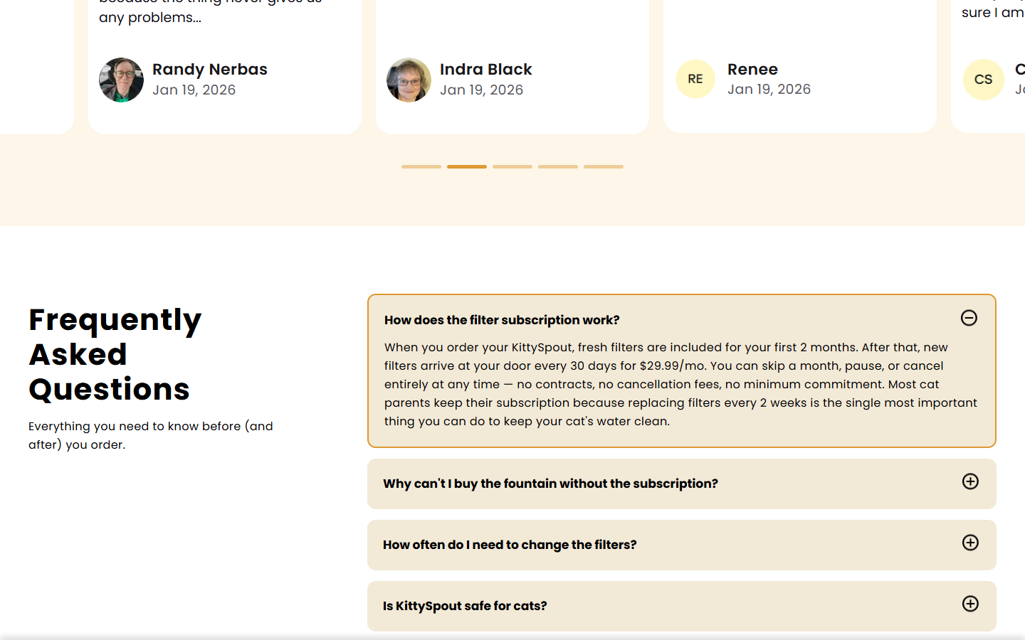 KittySpout Review: Filter Subscription and 365-Day Refund Limits Explained 2 KittySpout product FAQ explaining that filter deliveries renew at $29.99 per month after the included supply