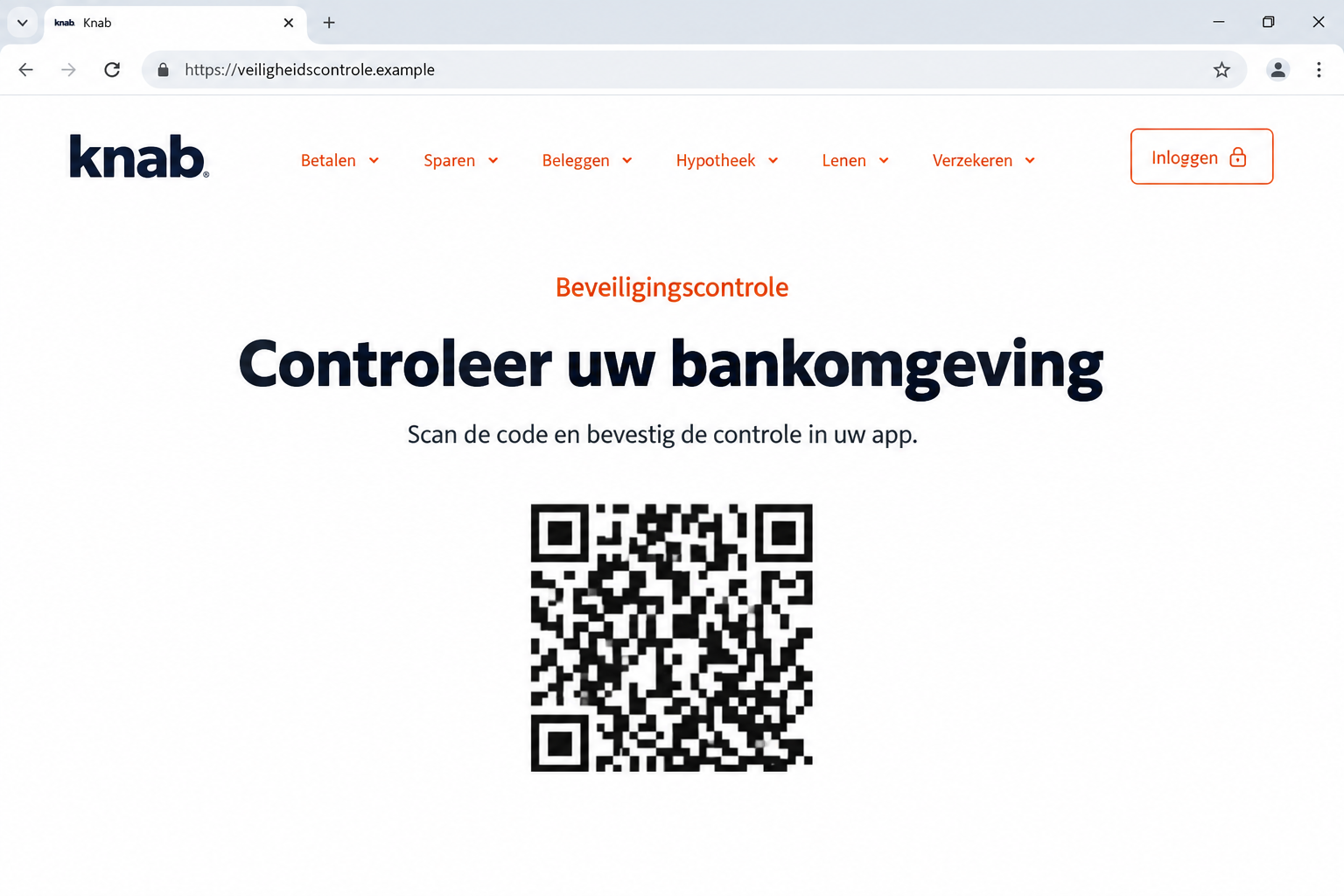 Knab QR Code Scam: Fake Bank Security Checks Can Hand Over Your Account 1 Illustrative fake Knab security page with a QR-like placeholder and a nonfunctional example address