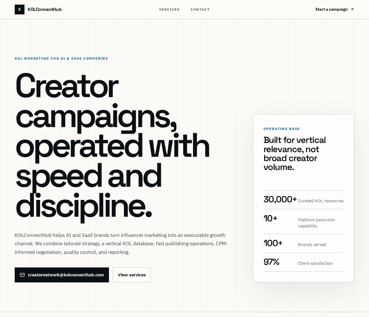 KOLConnectHub website presenting creator campaign services and claimed agency performance figures