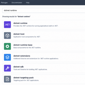 Illustrative package-registry search containing a dotnet-runtime-base listing