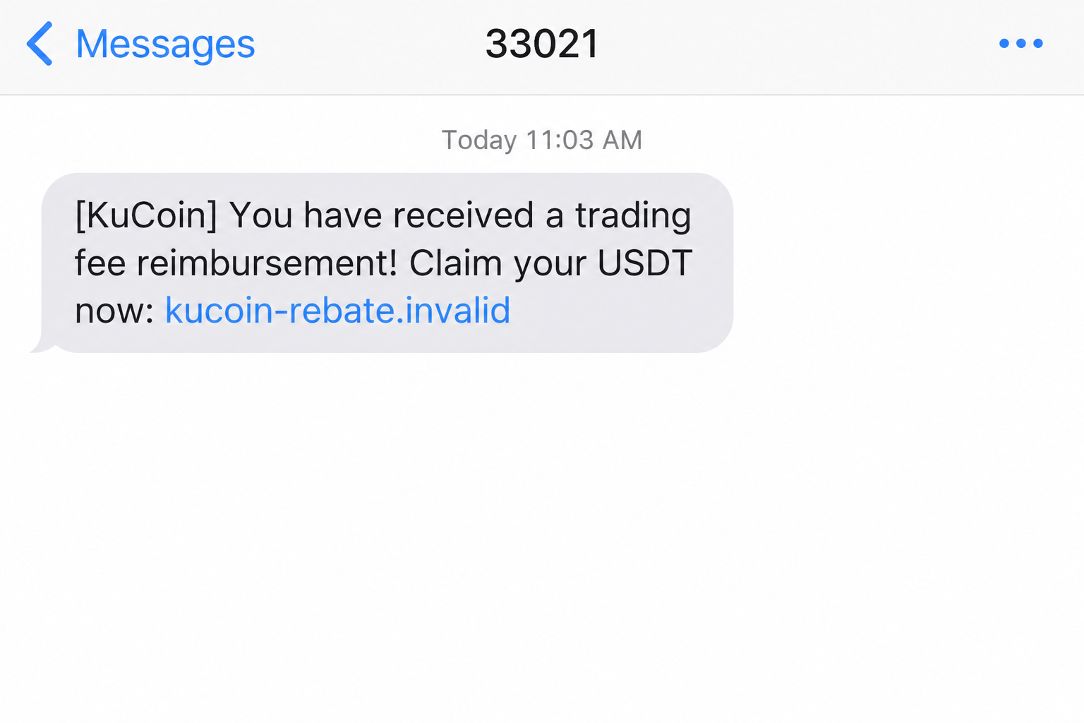 Illustrative KuCoin trading fee reimbursement scam text with a nonfunctional fictional reward link