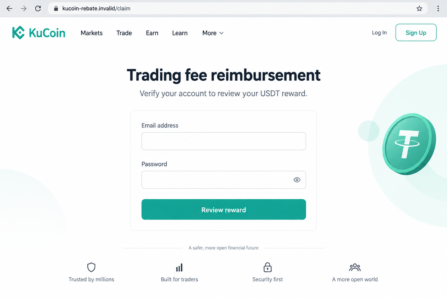 Illustrative fake KuCoin fee reward login screen using a fictional claim domain