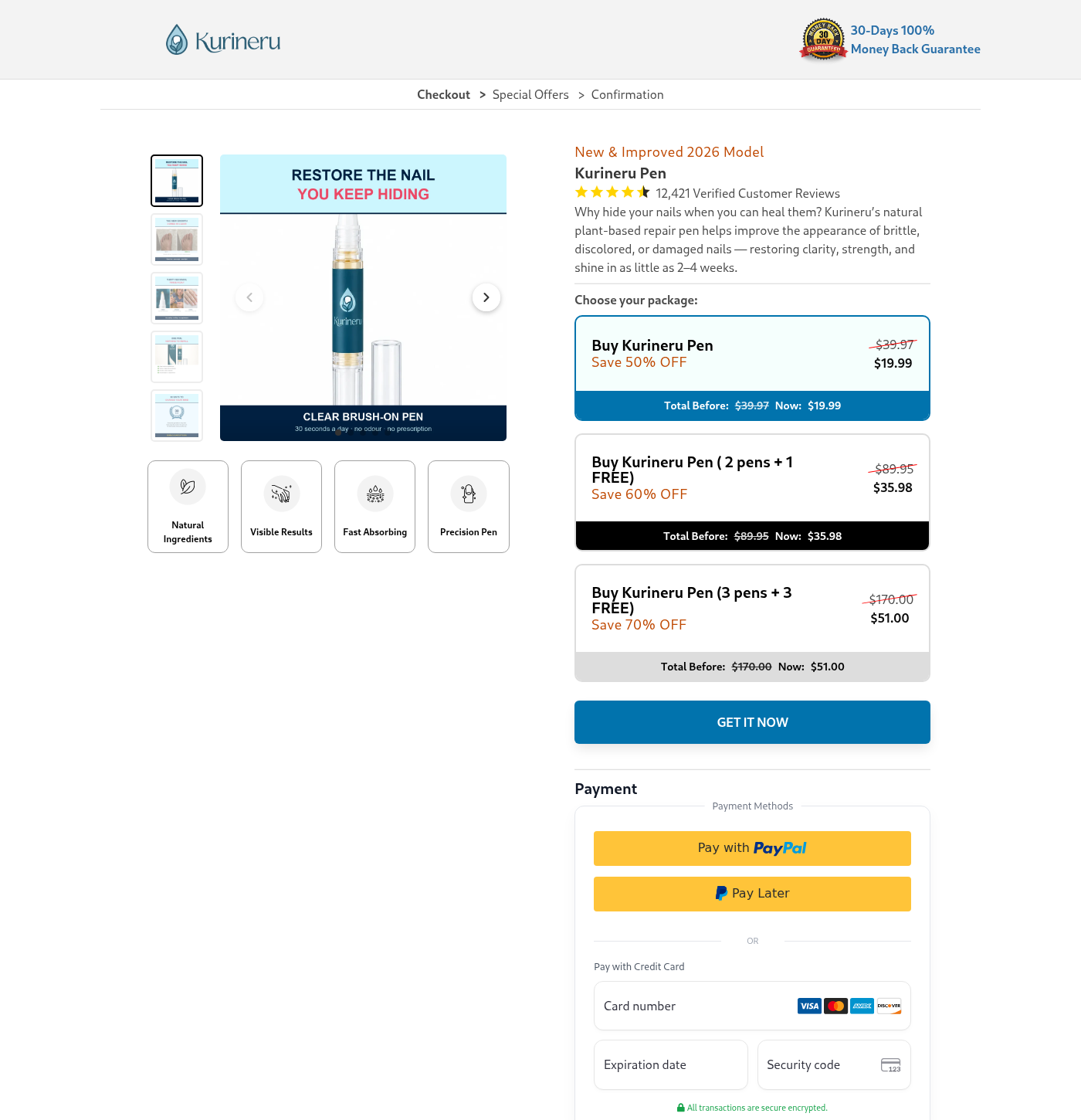 Kurineru checkout with one pen at $19.99, three pens at $35.98 and six pens at $51, before additional charges