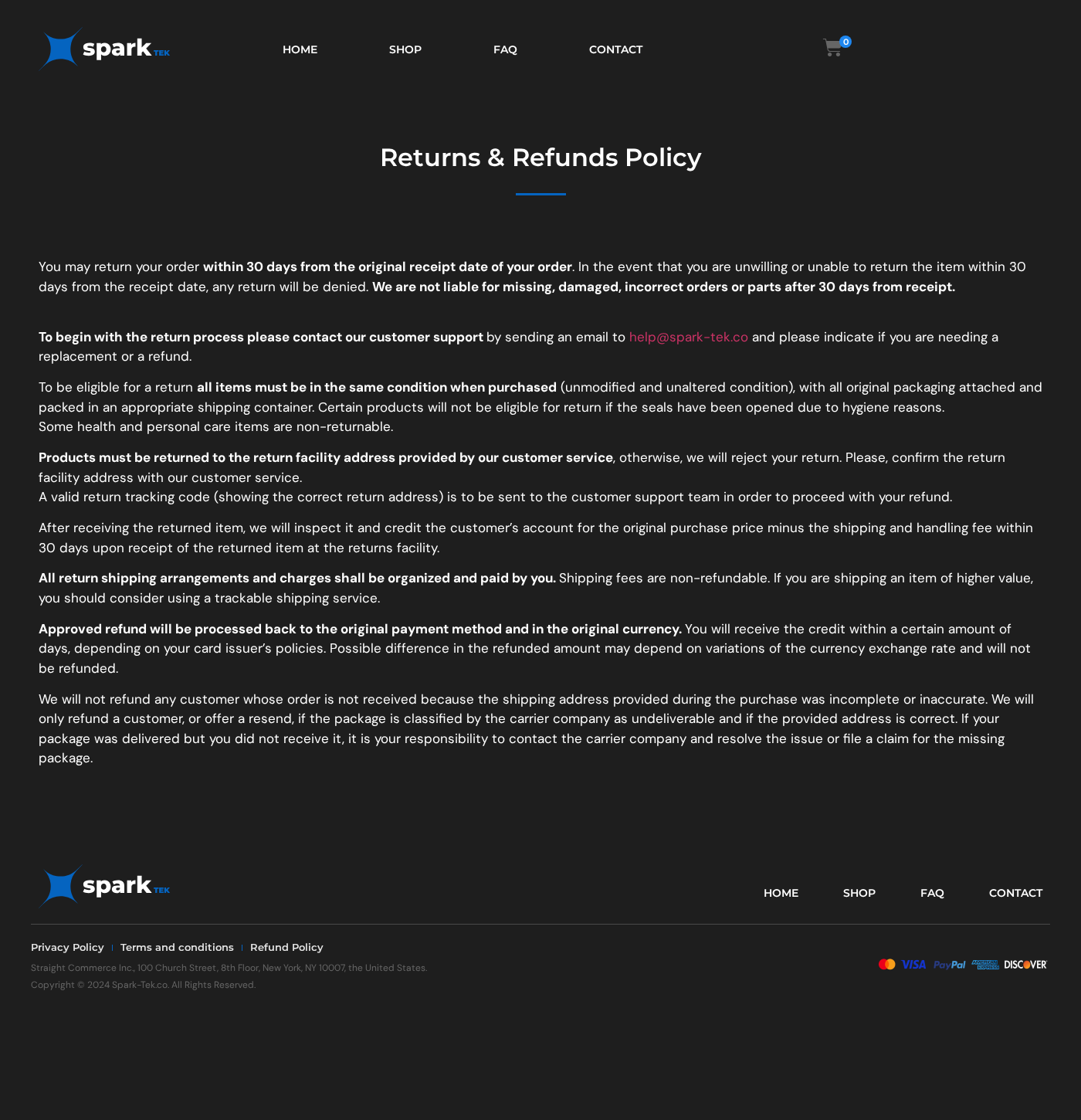 Spark-Tek returns policy requiring customer-paid tracked shipping and support-provided return details, with exclusions for some opened personal-care items