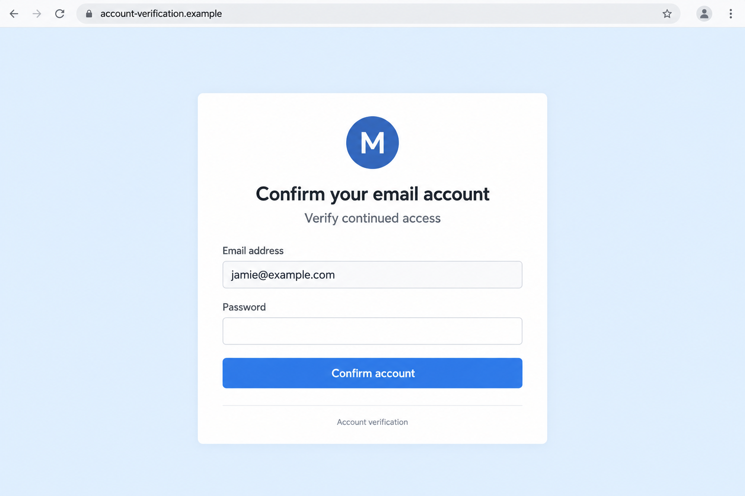 KYC Email Account Verification Scam Exposed: The Fake Mailbox Closure Trap 2 Illustrative provider-styled account confirmation page requesting the password for a fictional mailbox