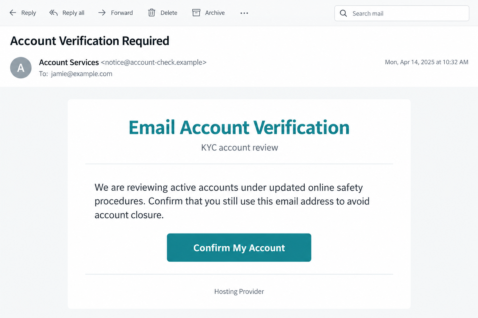 KYC Email Account Verification Scam Exposed: The Fake Mailbox Closure Trap 1 Illustrative KYC email account verification notice threatening closure of a fictional mailbox