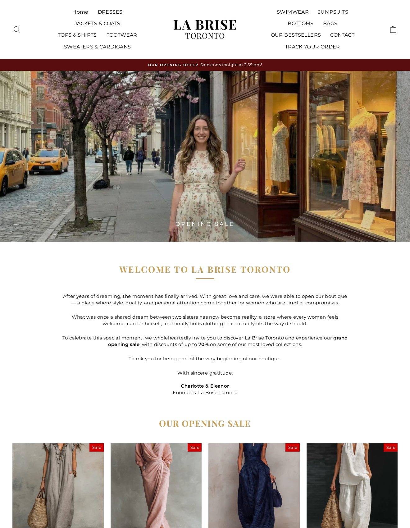 La Brise Toronto opening-sale page with a boutique street scene, founder introduction and discounted clothing