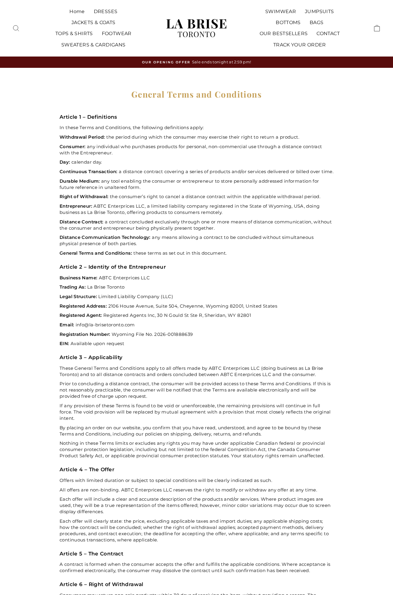 La Brise Toronto terms identifying ABTC Enterprices LLC and Wyoming business addresses behind the Canadian-branded store