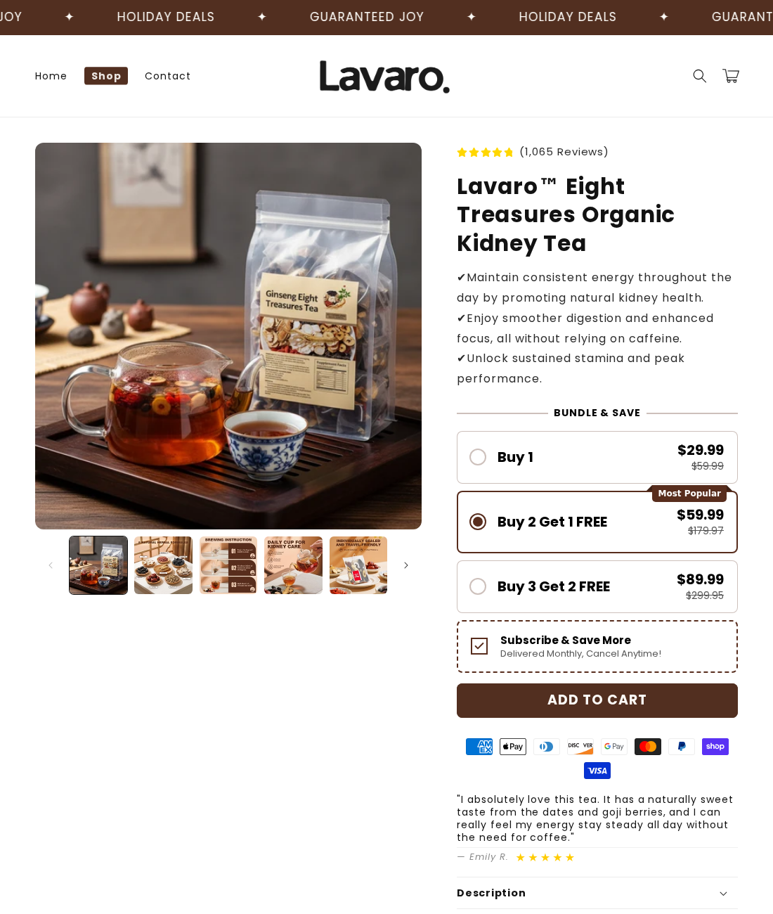 Lavaro Eight Treasures Organic Kidney Tea product page with its packaging and wellness claims