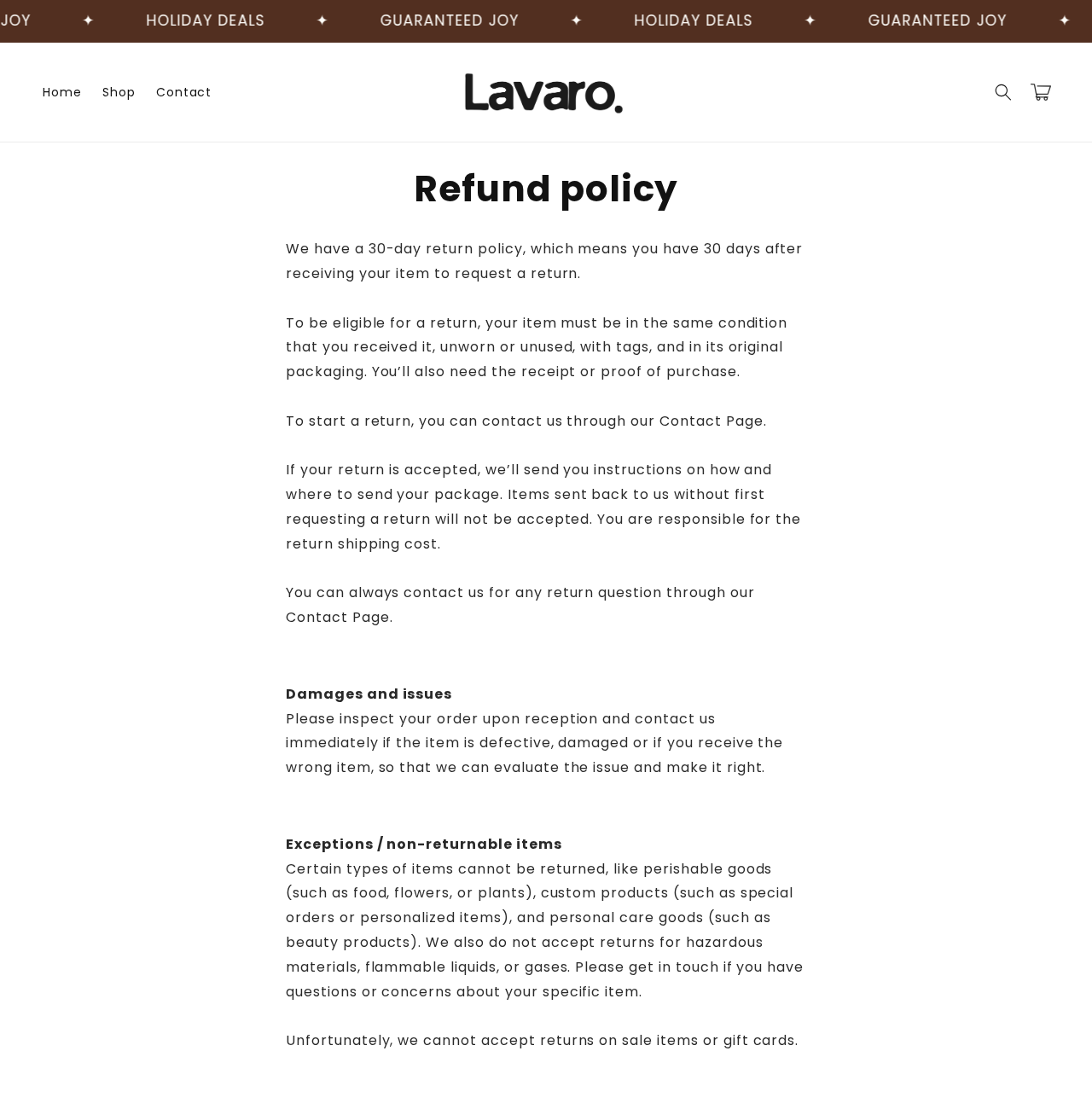 Lavaro refund policy listing its 30-day window and exclusions for perishable food and sale items