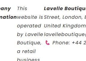 Lavelle Boutique legal notice publishing a London telephone number within the drama range reserved by Ofcom