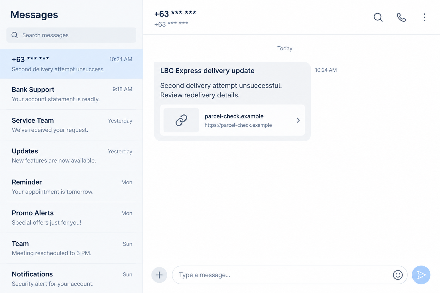 LBC Express Tracking Text Scam: Fake Delivery Alerts and Payment Traps 1 Fictional screen reconstruction of an LBC Express redelivery text pointing to an unrelated parcel-check link