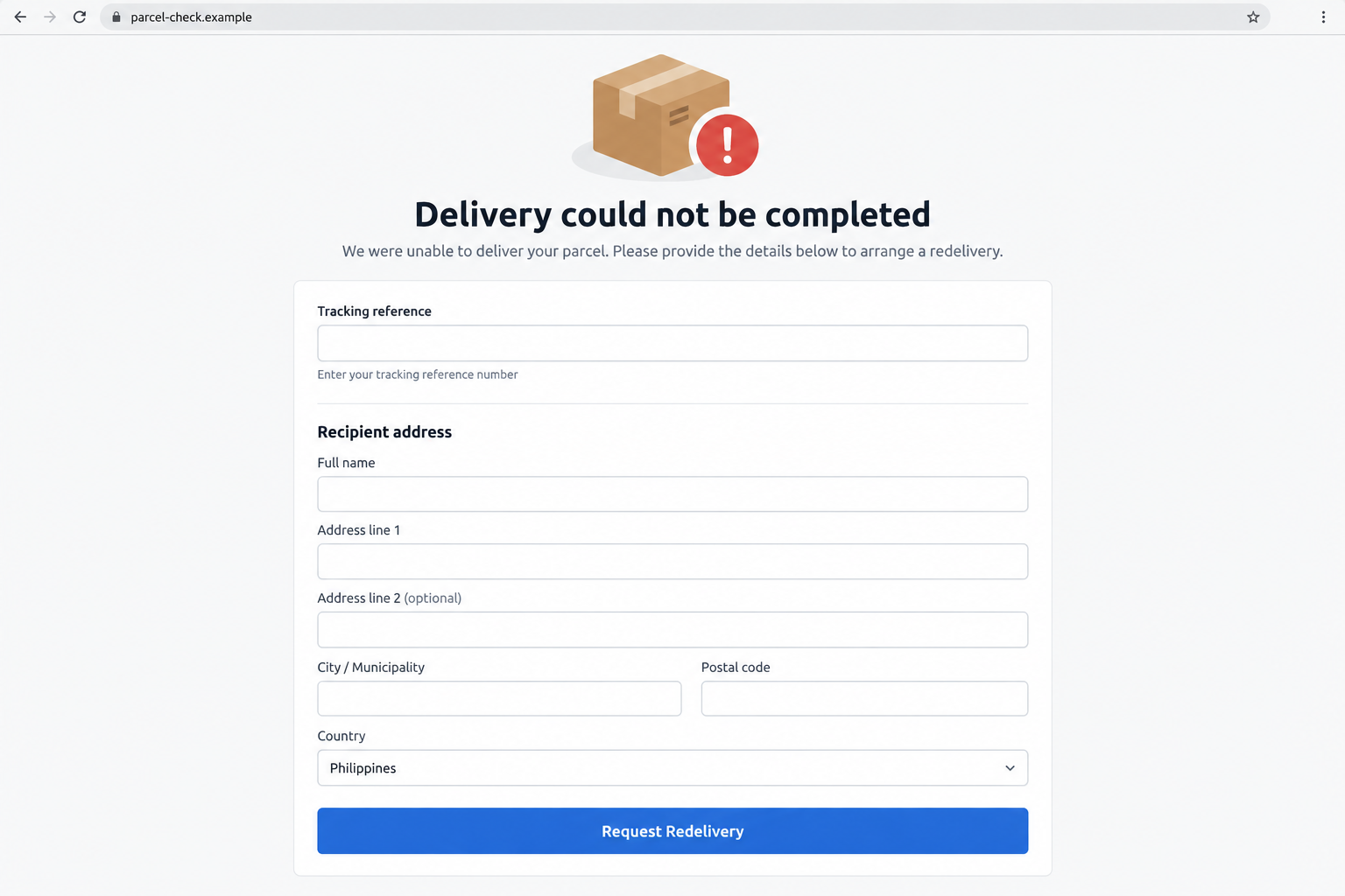 LBC Express Tracking Text Scam: Fake Delivery Alerts and Payment Traps 2 Fictional flat-screen parcel redelivery form at an unrelated example domain with Philippine address fields