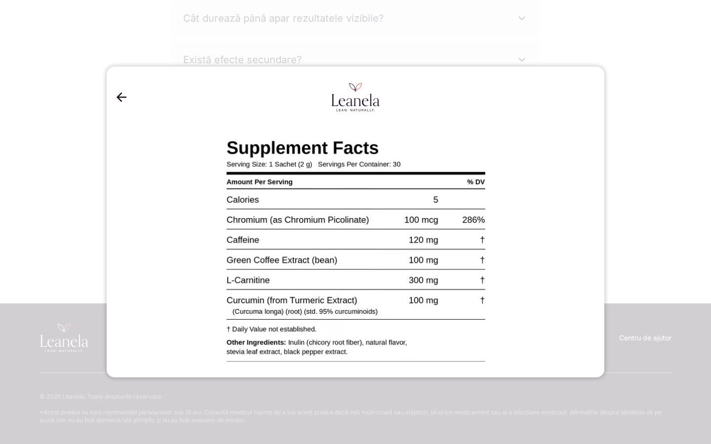 Leanela ingredient popup listing 120 mg of caffeine per sachet
