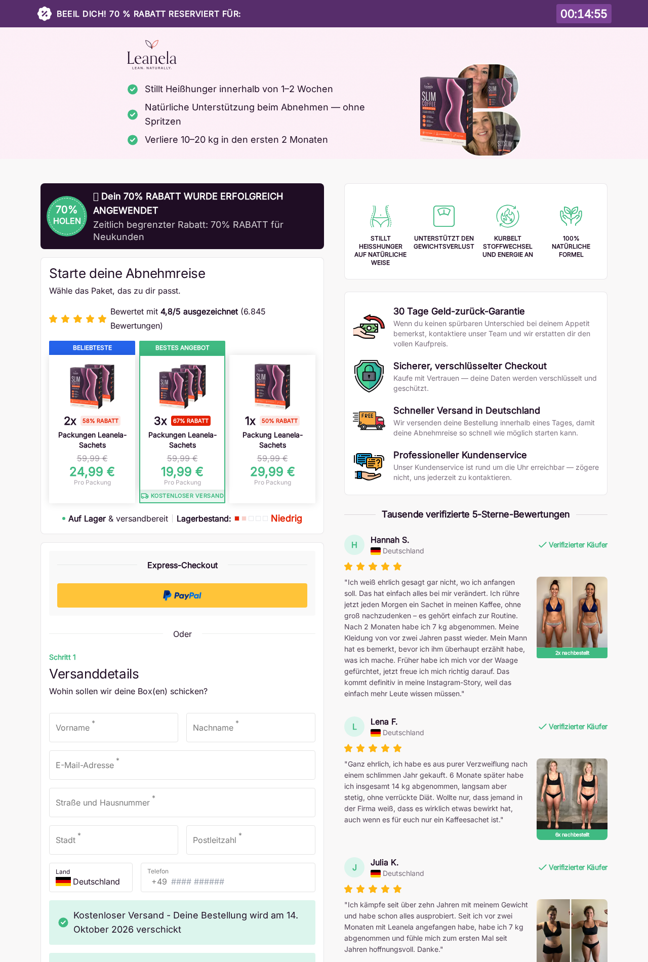 Leanela German sales page promising 10-20kg loss in two months beside discounted coffee-box packages
