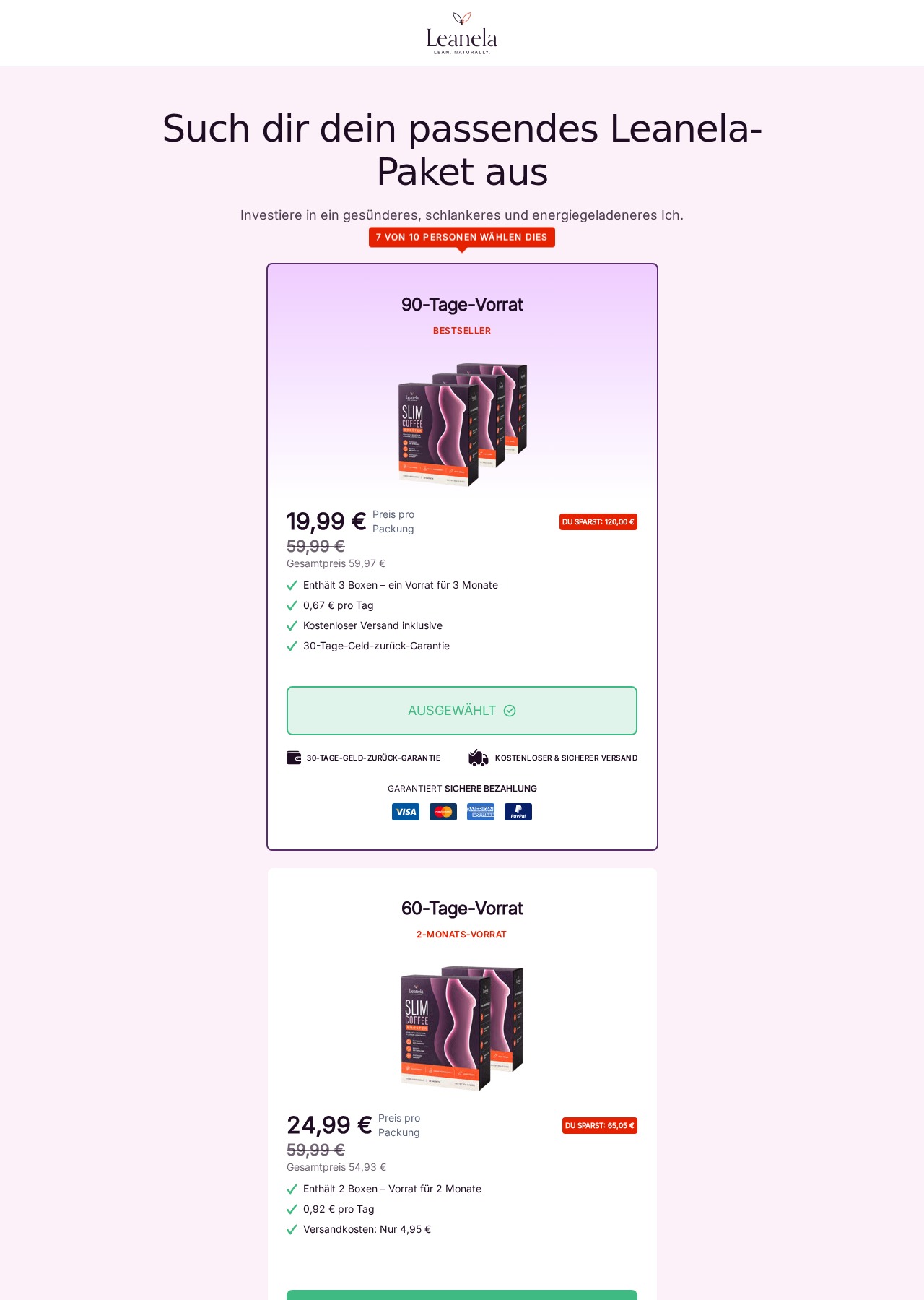 Leanela German checkout showing the selected three-box package totaling €59.97 and smaller alternatives