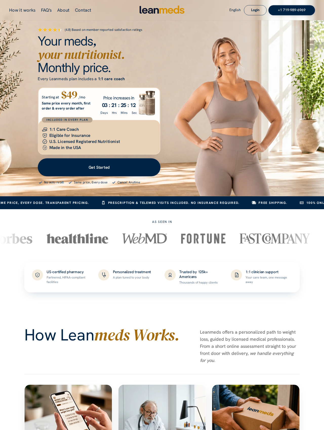 LeanMeds weight-loss offer showing starting monthly pricing and a no-auto-rebill claim