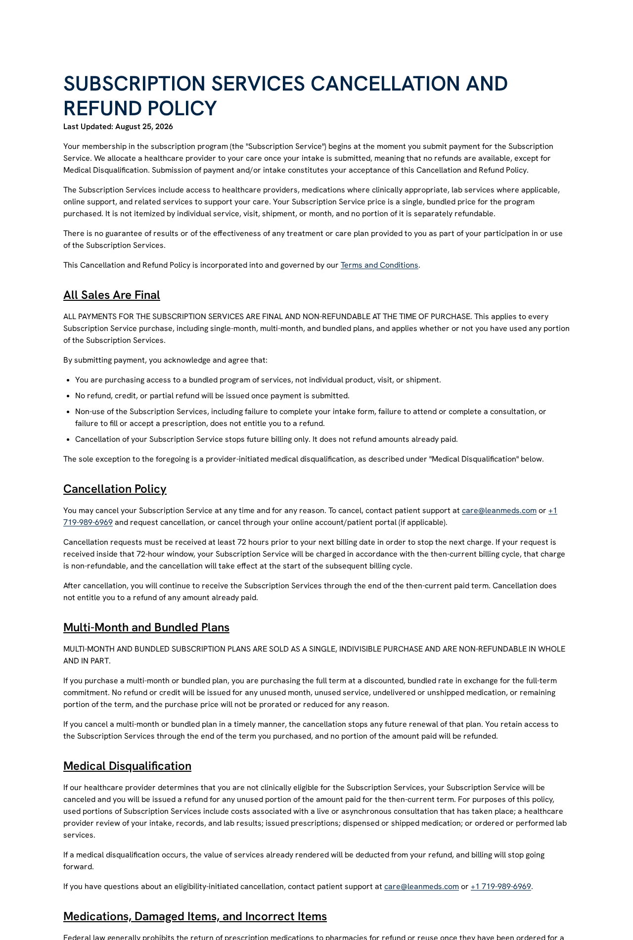 LeanMeds subscription policy showing final-sale rules, the 72-hour cancellation deadline and medical-disqualification exception