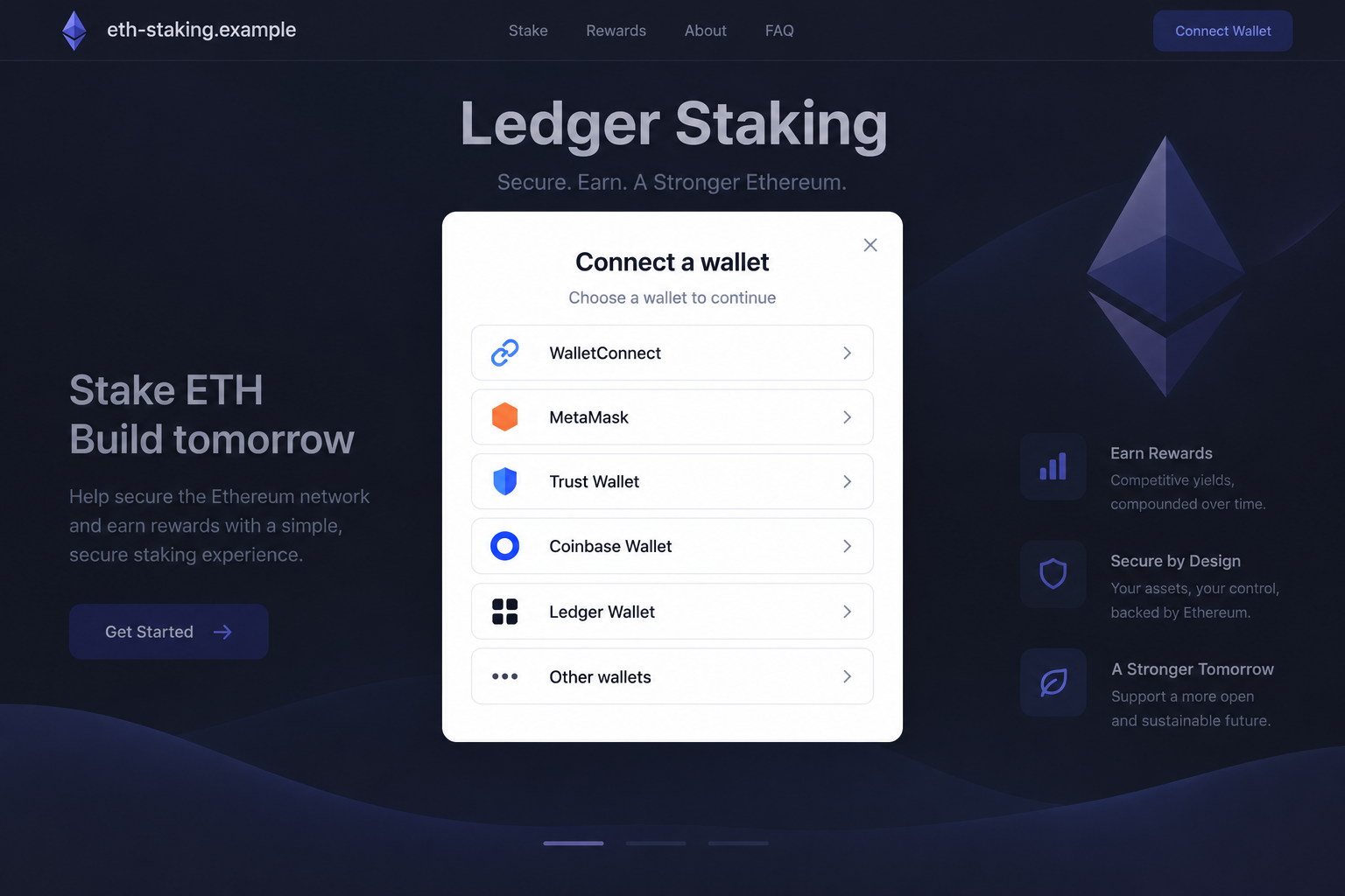 Illustrative wallet selection dialog opened from a fictional Ledger staking impersonation page