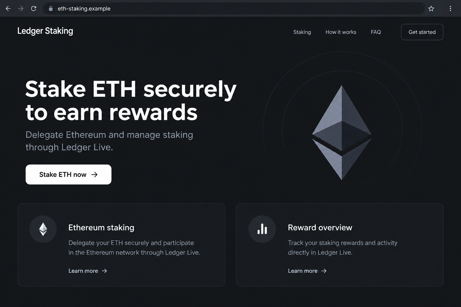 Illustrative fake Ledger staking rewards landing page promoting Ethereum rewards without an official logo
