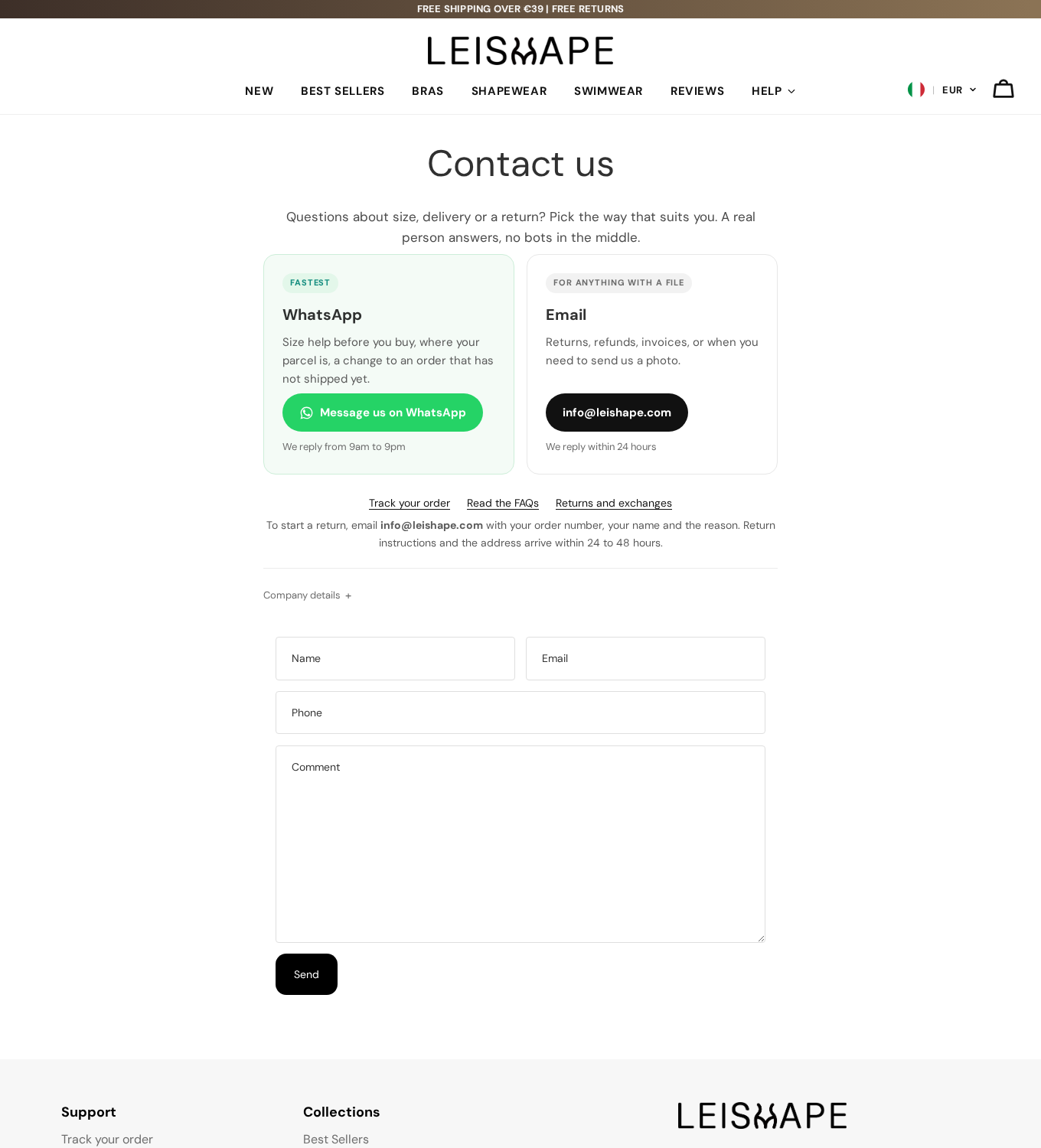 LeiShape: Scam or Legit? Free Returns, Refund Complaints and Policy Gaps 2 LeiShape contact page listing email, WhatsApp support and instructions for requesting a return address