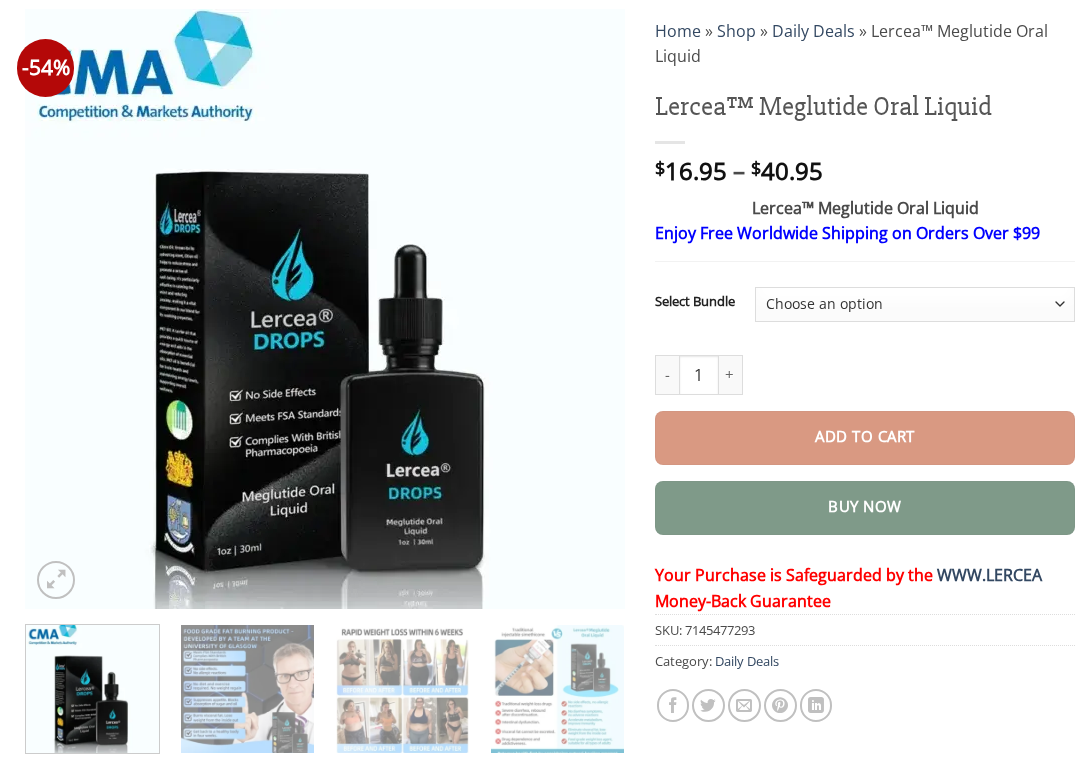 Lercea Meglutide Oral Liquid listing with a black dropper bottle, bundle selector and institutional claims