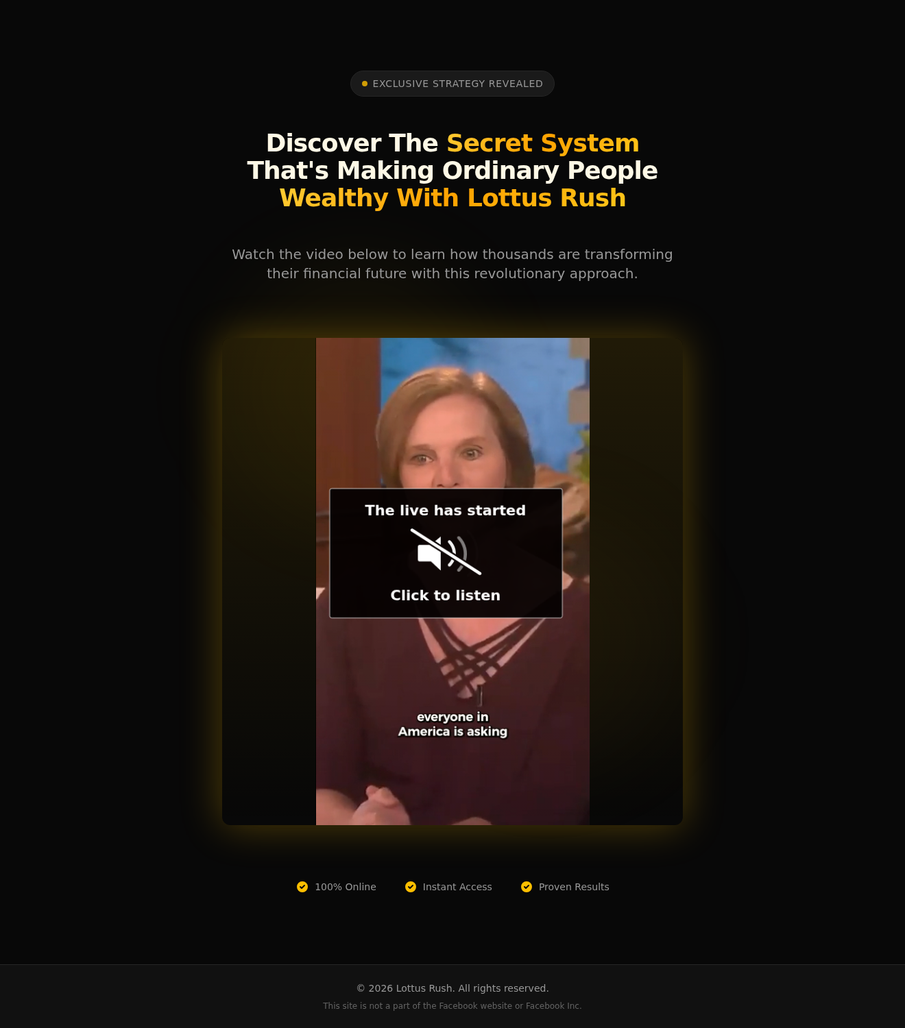 Original Lottus Rush sales page reproducing a Lerynne West interview beneath promises of a secret wealth system