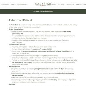 Farm Sisters return policy showing the $10 cancellation charge and store-credit restriction for sale purchases