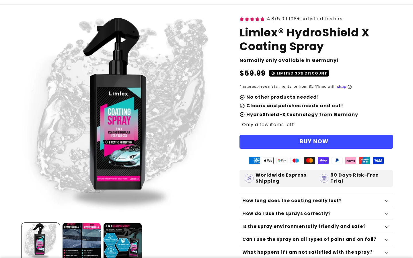 Limlex Coating Spray Reviews: Eight-Month Claims and Return Risks Checked 1 Limlex HydroShield X Coating Spray offer with a $59.99 price and 90-day trial promise