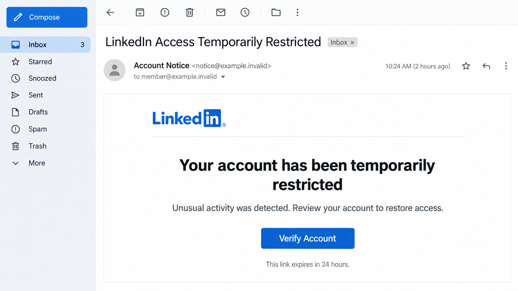 Illustrative LinkedIn impersonation email claiming a temporary account restriction and a 24-hour verification deadline