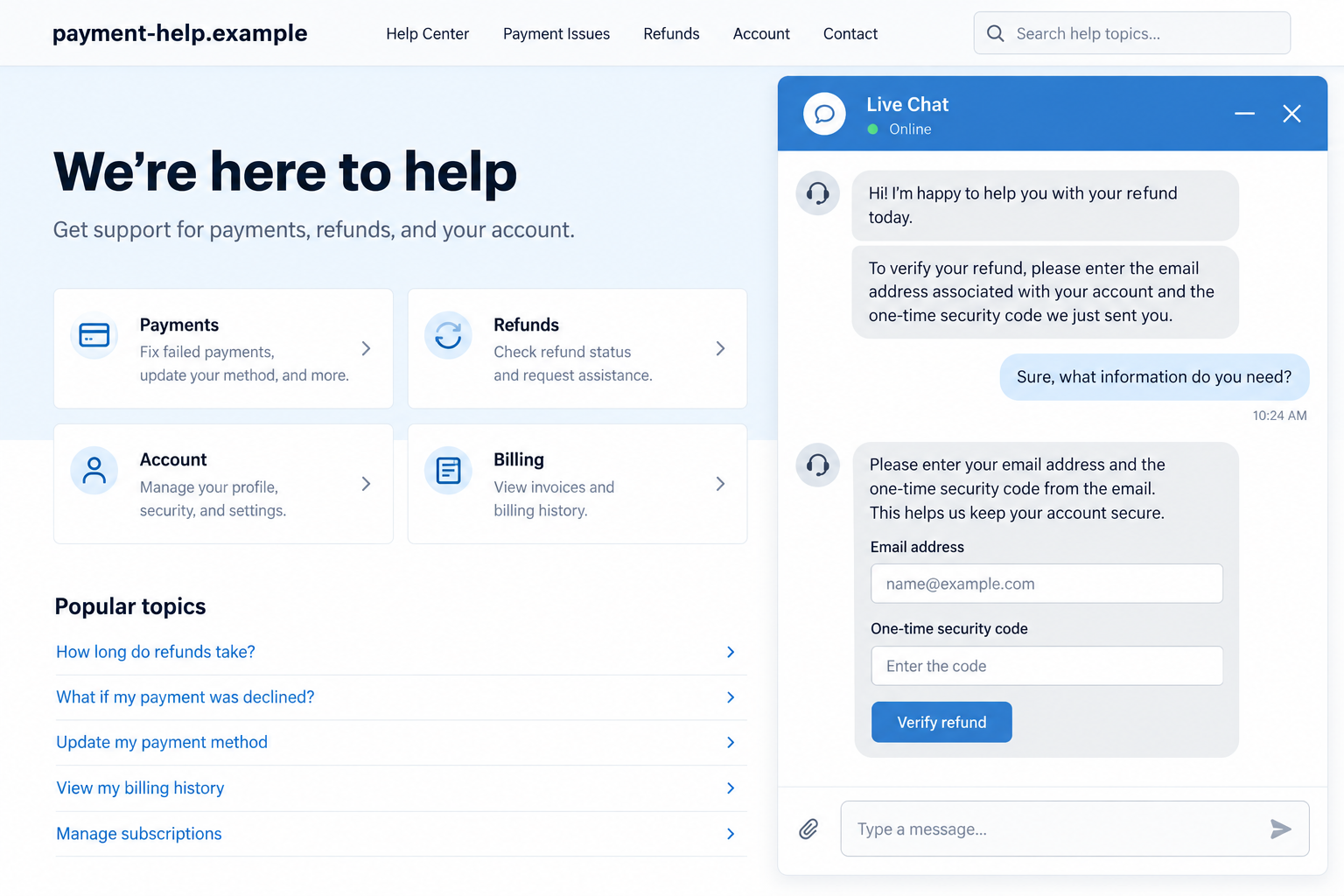 Fake PayPal Refund LiveChat Scam: How Support Chats Steal Personal Data 2 Illustrative reconstruction of a support chat requesting sensitive account details, not an actual incident screenshot