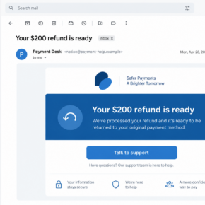 Illustrative reconstruction of a refund email directing a reader to chat, not an actual phishing screenshot