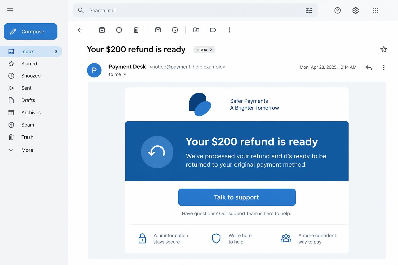 Fake PayPal Refund LiveChat Scam: How Support Chats Steal Personal Data 1 Illustrative reconstruction of a refund email directing a reader to chat, not an actual phishing screenshot
