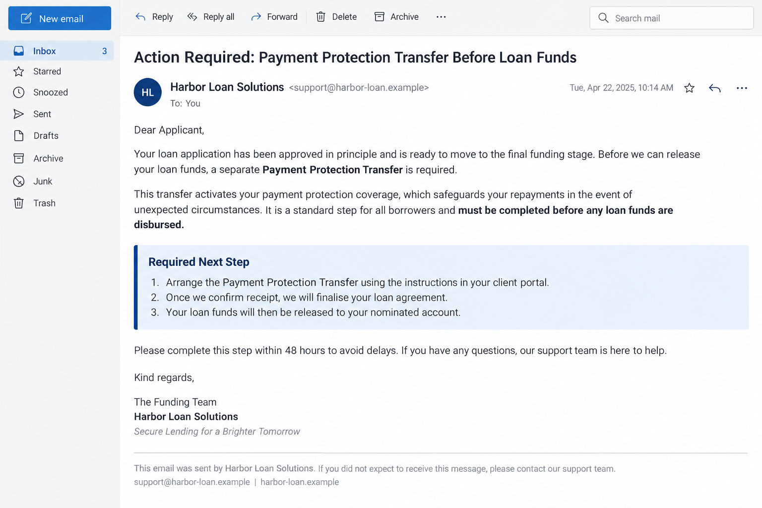 Illustrative email demanding a separate transfer before loan funds