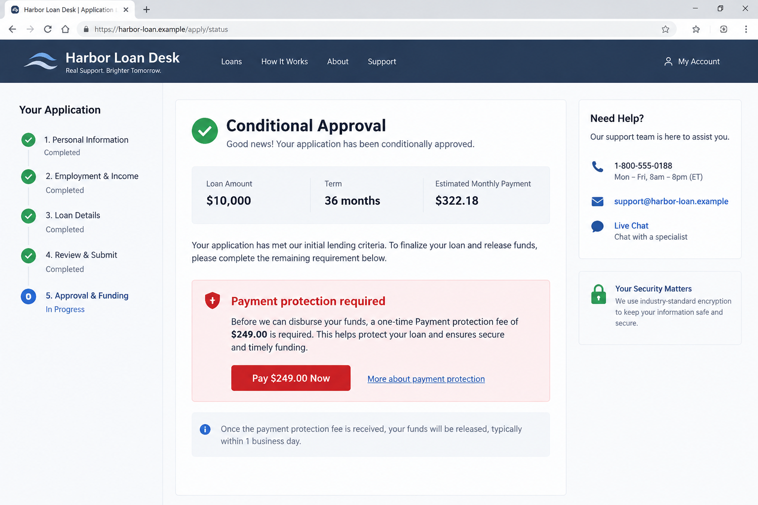 Illustrative loan approval page demanding payment protection before release