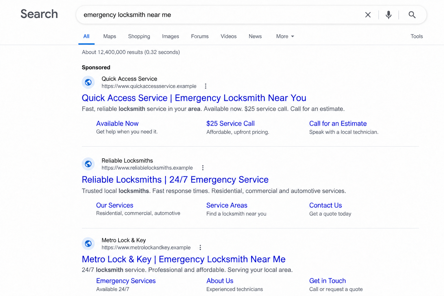 Locksmith Scam: How a Cheap Emergency Quote Becomes a Much Bigger Bill 1 Illustrative reconstruction of a low-price emergency locksmith search advertisement