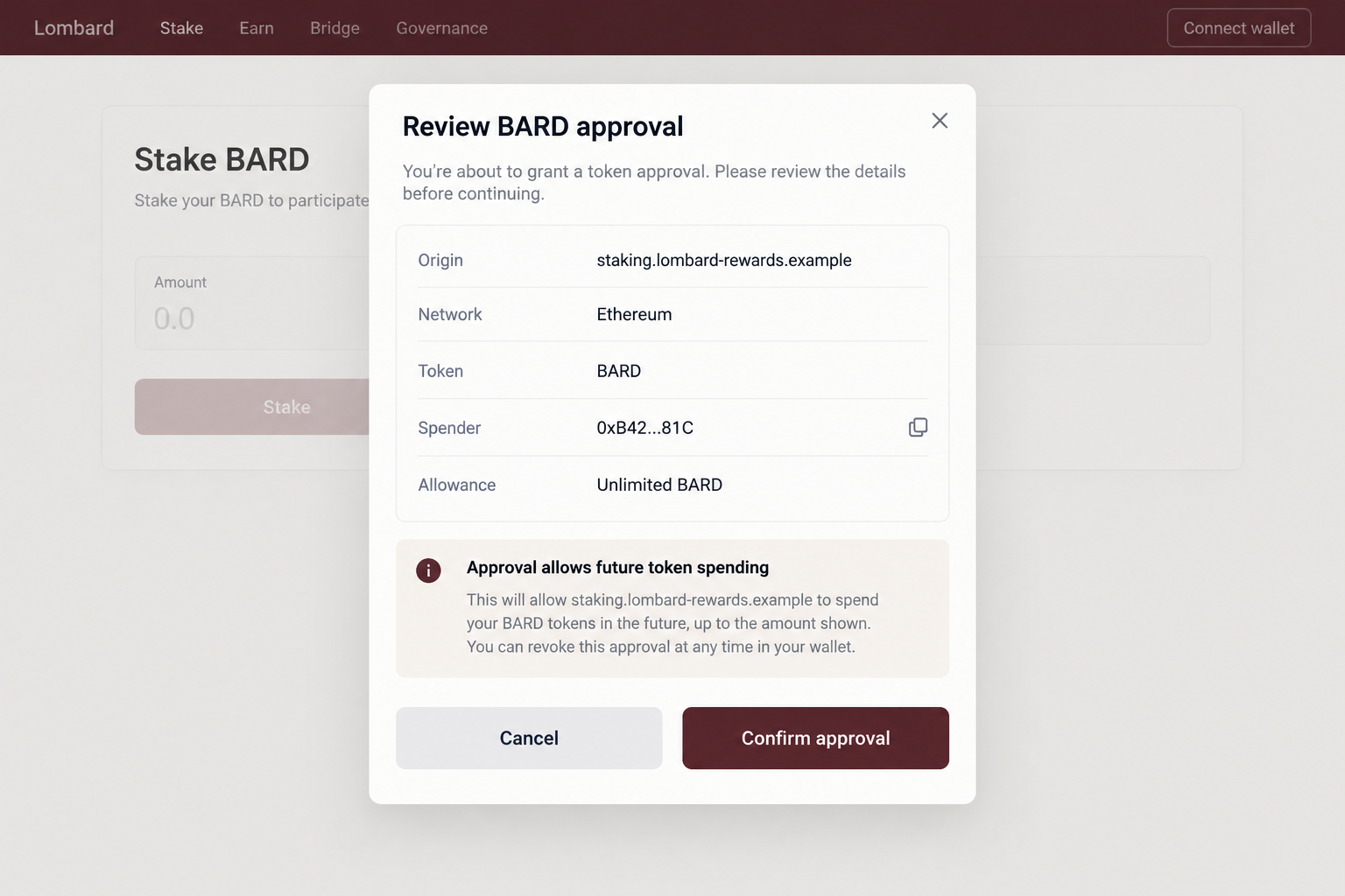 Lombard BARD Staking Scam Exposed: Fake Points Offers and Wallet Theft 2 Hypothetical BARD token approval screen showing the spender and allowance rather than promised loyalty points