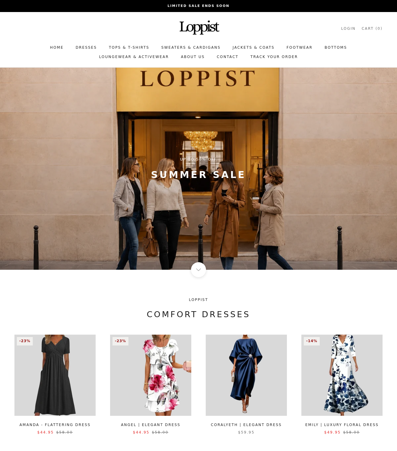 Current Loppist fashion storefront displaying a summer sale, dresses and boutique-style imagery