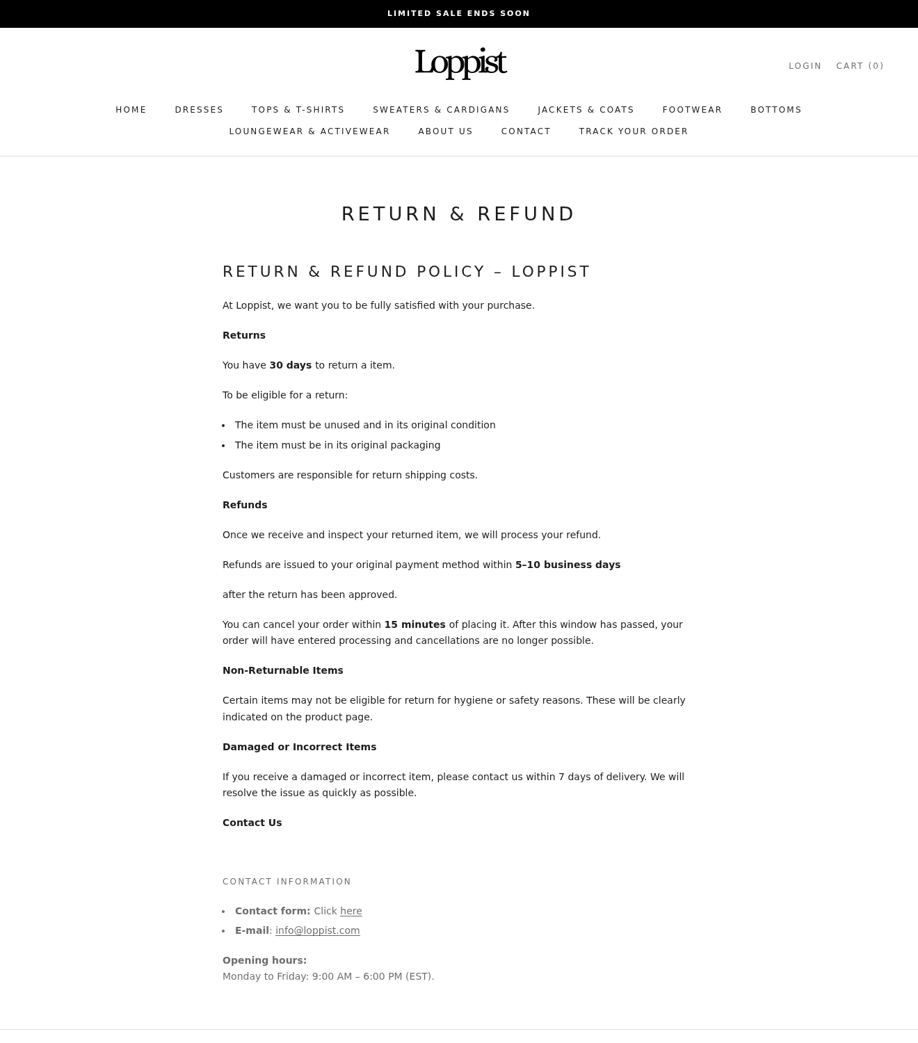 Loppist return terms specifying unused condition, buyer-paid postage and a 15-minute cancellation period