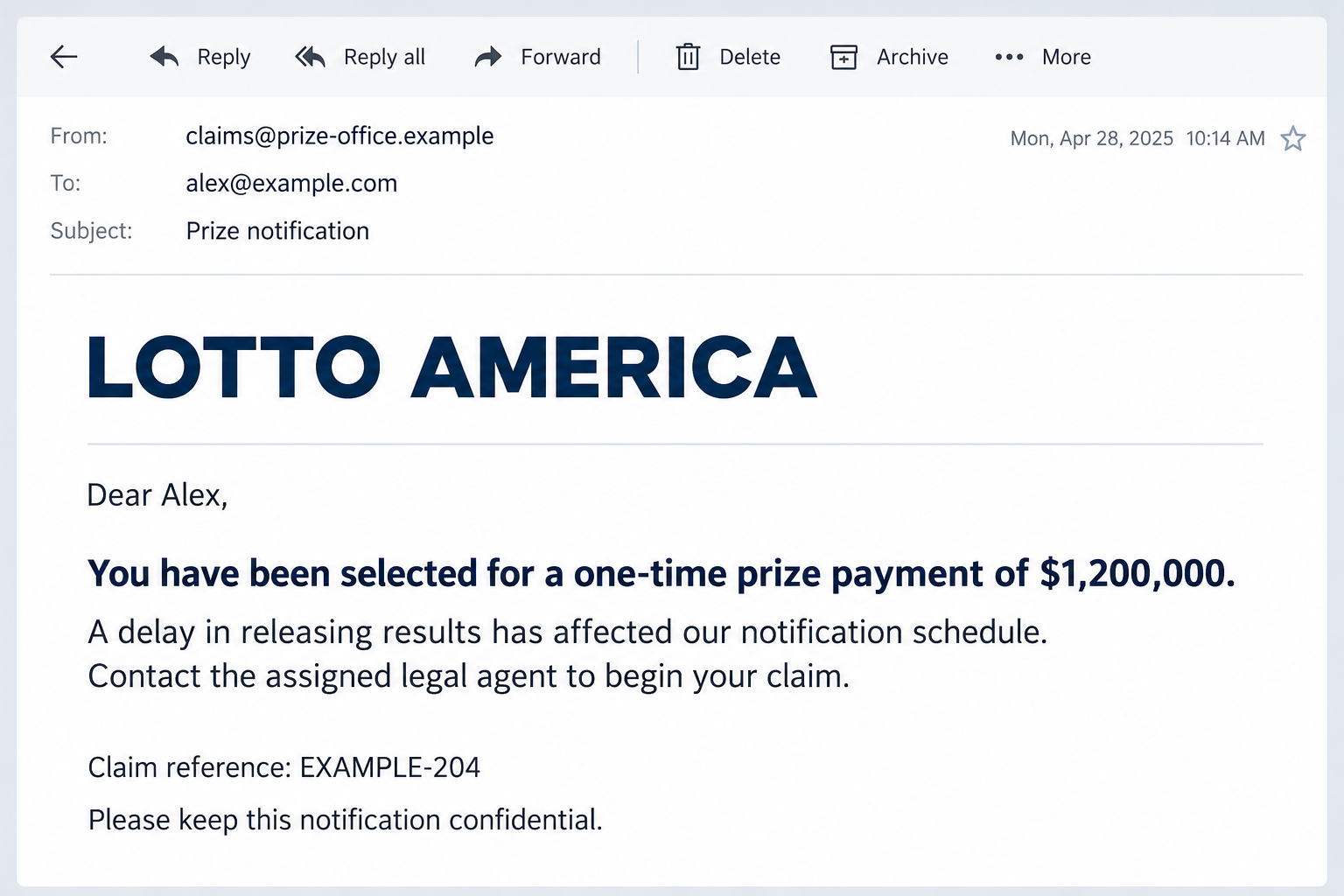 Illustrative Lotto America prize email advertising a $1.2 million payout and legal agent, with fictional contact details