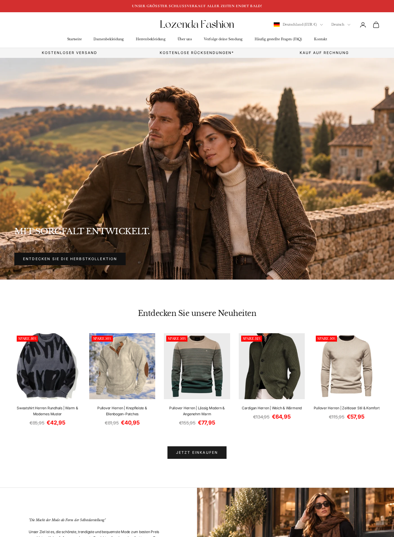 Lozenda Fashion German storefront showing free shipping, an asterisked free-return banner and discounted autumn clothing