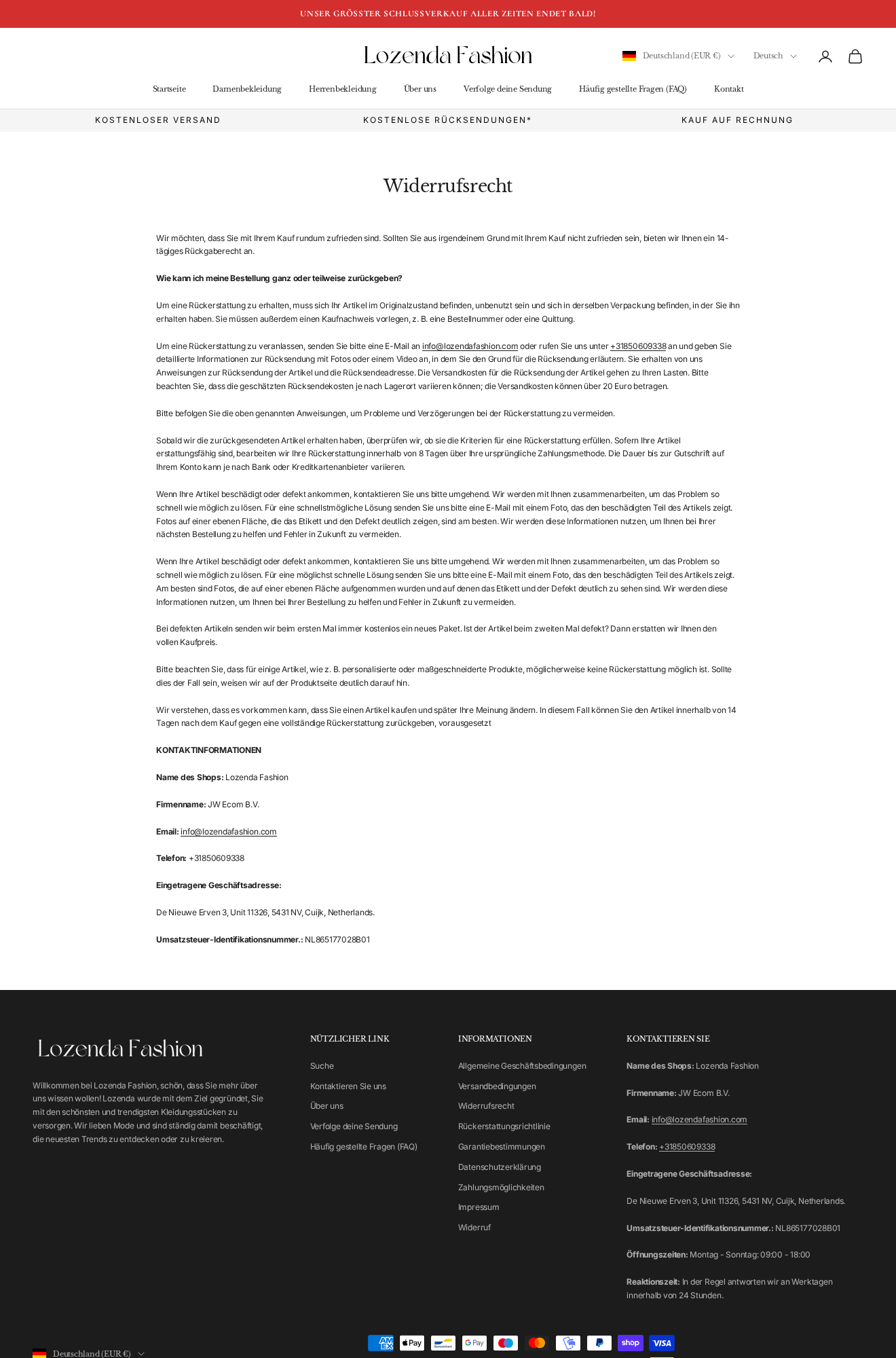 Lozenda Fashion refund page showing buyer-paid postage, a possible cost above €20 and the named Netherlands business