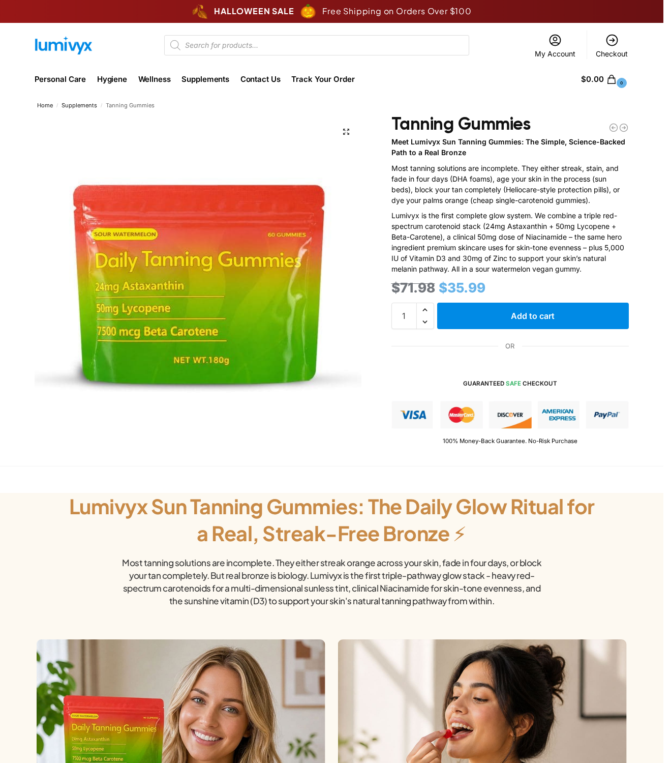 Lumivyx Tanning Gummies: Scam or Legit? The Bronze Claims Investigated 1 Lumivyx Tanning Gummies product page displaying the pouch, bronze claims and $35.99 offer