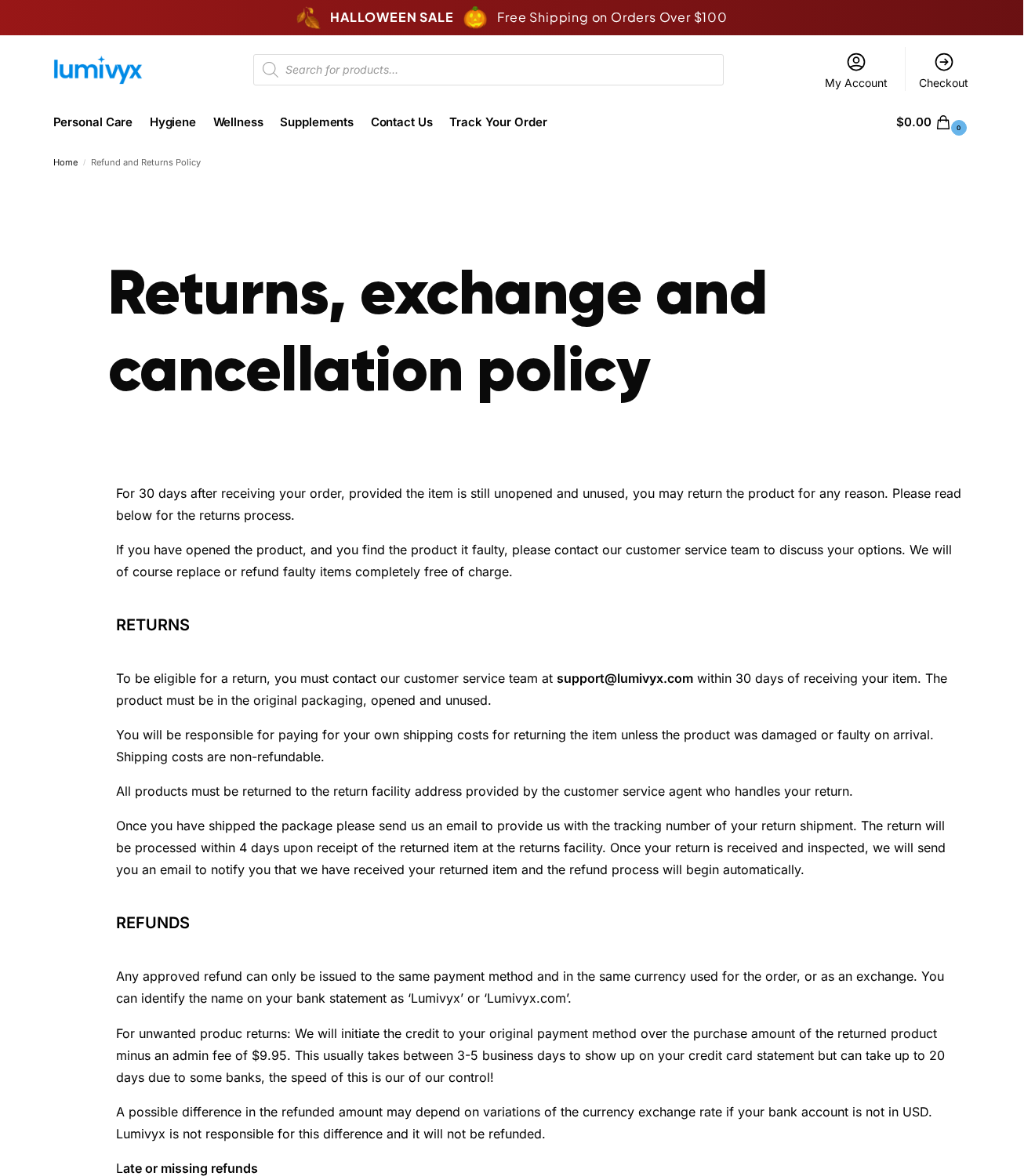 Lumivyx Tanning Gummies: Scam or Legit? The Bronze Claims Investigated 4 Lumivyx return policy showing unopened conditions, customer return postage and a $9.95 administration deduction